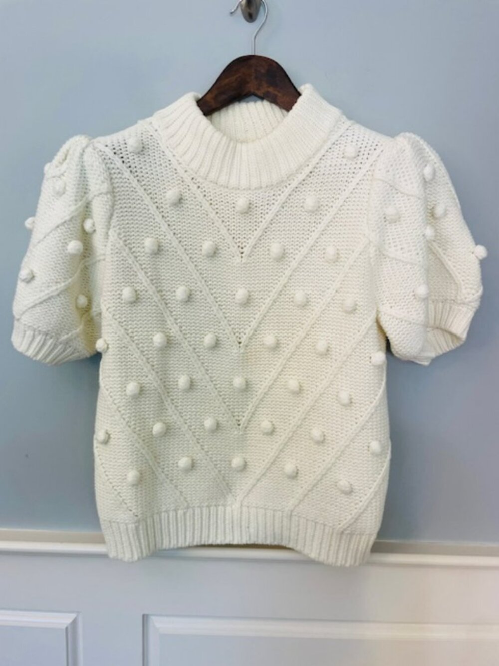 English Factory Puff Short Sleeve Sweater Mock Neck Textured Knit Ivory Medium - Picture 2 of 7